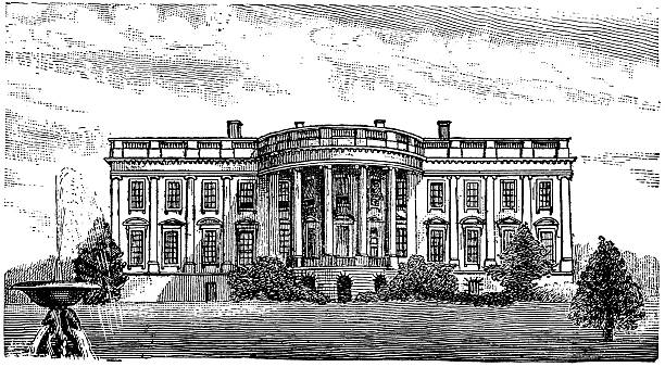The White House Engraving from 1896 featuring the White House which is where the President of the United States lives. white house stock illustrations
