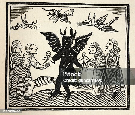 istock The Witch of the Woodlands, Evocation, summoning a demon, Vintage woodcut illustration 1337598337