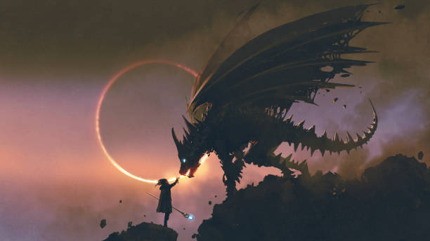 büyücü ejderhasına elini uzatır. - dragon stock illustrations