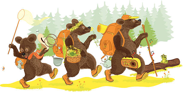 stockillustraties, clipart, cartoons en iconen met three bears hiking - drie dieren
