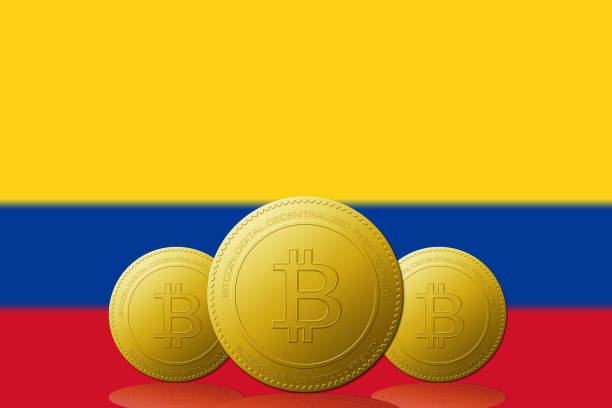 Tre criptovalute Bitcoin con bandiera COLOMBIA