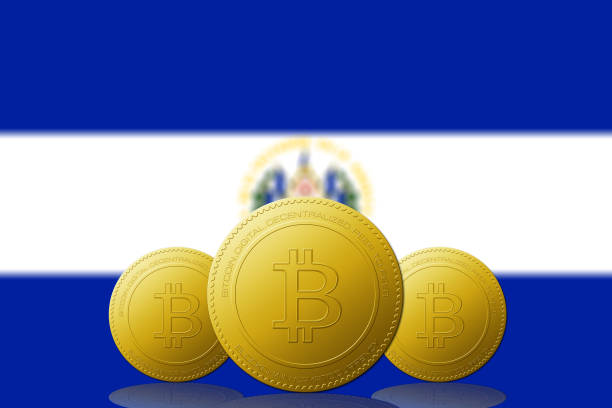 Three Bitcoins cryptocurrency with El Salvador flag on background.  bitcoin stock illustrations