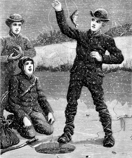 Three boys ice fishing on a snowy day Three teenage boys ice fishing on a snowy winter’s day. One of them has caught a speckled trout on his hand line and the others look on enviously, one of them applauding. From a bound volume of “Chatterbox”, edited by J Erskine Clarke and published by Wells Gardner, Darton & Co, London. Copies of a children’s weekly magazine dated from 20 November 1886 to 5 November 1887. brook trout stock illustrations