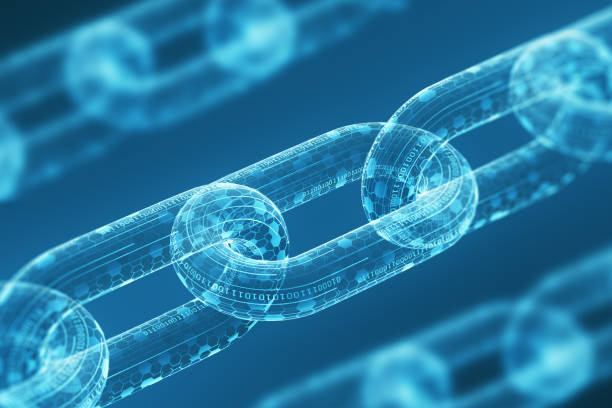 파란색 바탕에 3 개의 대각선 디지털 사슬입니다. blockchain 기술 개념입니다. 광업 그리고 cryptocurrency입니다. 닫습니다. 3 차원 렌더링 - 암호화폐 stock illustrations