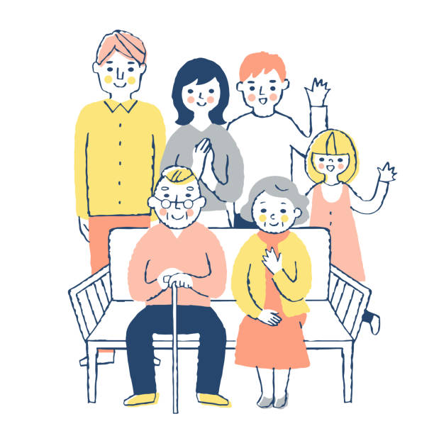 illustrations, cliparts, dessins animés et icônes de famille de trois générations avec un sourire - senior portrait fullbody