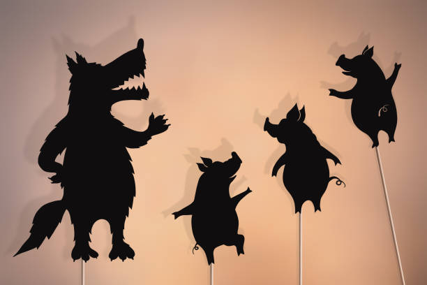 stockillustraties, clipart, cartoons en iconen met drie biggetjes en grote boze wolf, shadow marionetten - wajang