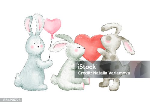 istock Three rabbits, bunnies with hearts. Love you. Love you mom. Valentine's Day card. Illustration. 1364595723
