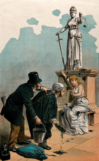 Throwing Tar on Justice Vintage illustration features a solicitor and a barrister throwing tar at a woman sitting at the feet of a statue of Justice. supreme court justices stock illustrations