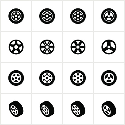 Tires and rims. All white strokes/shapes are cut from the icons and merged allowing the background to show through.