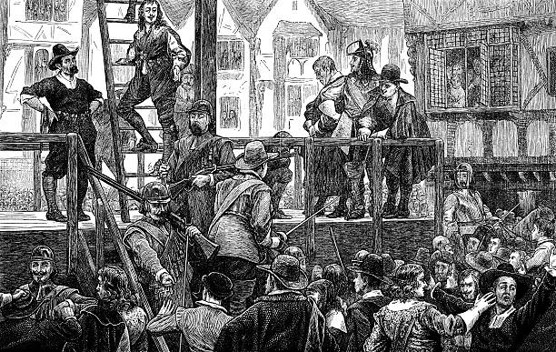 Tomkins and Challoner, led to gallows, Holborn, London, 1643 (illustration) "Scanned directly from 'Old and New London - Its History, its people and its places', published by Cassell, Petter, Galpin & Co. 1878.  Illustration of Tomkins and Challoner being led to the gallows. In the second year of the war between King and Parliament, the Royal successes at Bath, Bristol, and Cornwall, as well as the partial victory at Edgehill, had roused the party and chilled many adherents of the Puritans. The distrust of Pym and his friends soon broke out into a reactionary plot, in which Waller, the poet, was dangerously mixed up. The chief conspirators were Tomkins and Challoner, the former Waller's brother-in-law, a gentleman living in Holborn, near the end of Fetter Lane, and a secretary to the Commissioners of the Royal Revenues. Tomkins and Challoner were hung at the Holborn end of Fetter Lane in 1643." execution stock illustrations