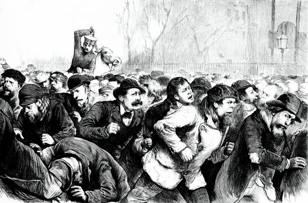 Vintage engraving features The Tompkins Square Riot of 1874. Thousands of unemployed workers gathered at the park to protest the poor economic conditions brought on by the Panic of 1873. Police on horseback fought back the crowds by beating them with clubs.