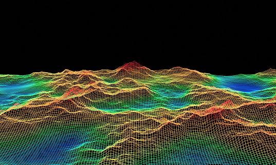 3D rendered topographic wireframe.Color level map.