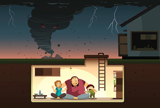 Tornado Attack! A family hiding from the raging tornado inside an underground bunker. bomb shelter stock illustrations
