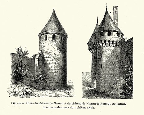 Vintage fashion of Towers of the castle of Semur and the castle of Nogent-le-Rotrou, Medieval architecture
