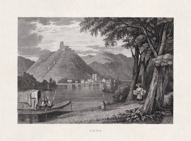 Town and Lake of Lugo, Italy, steel engraving, published ca. 1845 vector art illustration