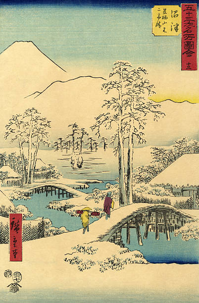 ilustrações de stock, clip art, desenhos animados e ícones de cena de neve xilográfica em tradicional japonês - woman holding a christmas gift