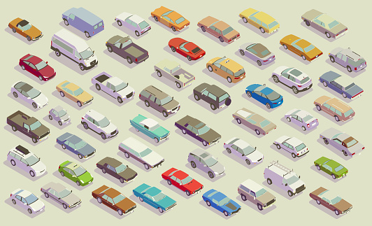 Automobile traffic is illustrated by a wide, congested concrete road jammed with more than 50 vehicles, which sit idling. Isometric cars and trucks are seen in a variety of styles from the 50s, 60s, and 70s, as well as generic contemporary vehicles; no specific manufacturers are represented. Isometric vectors appear in a range of colors.