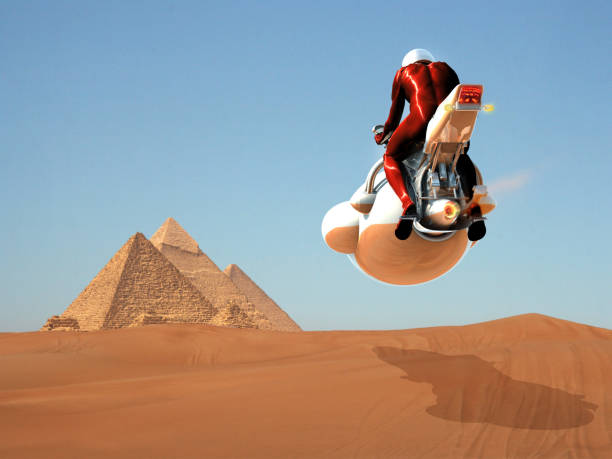 Travel of The Future Air motorcycle and hero pilot is flying with new generation jet technology on the desert. Travel destination journeys of the future. hot egyptian women stock illustrations