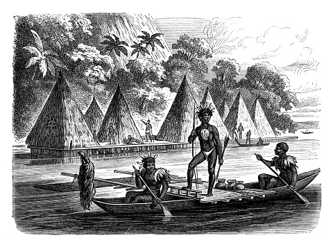 Tribe in Papua New Guinea with wigwam at settlement
Original edition from my own archives
Source : 1889 Geographie