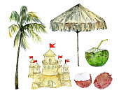 istock Tropical beach rest hand drawn watercolor set 1309070851