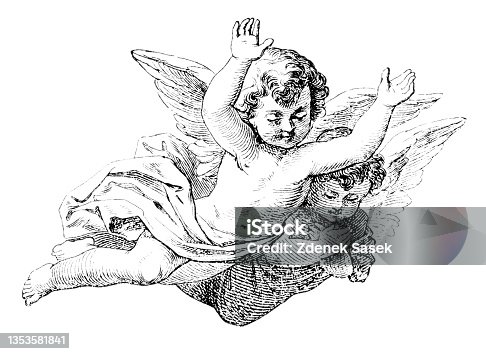 istock Two Baby Angels or Cherubs Flying. Bible, New testament. Vintage Antique Drawing 1353581841