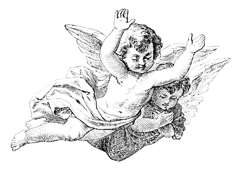 Two flying cherubs or baby angels. Vintage antique drawing. Bible, New Testament.