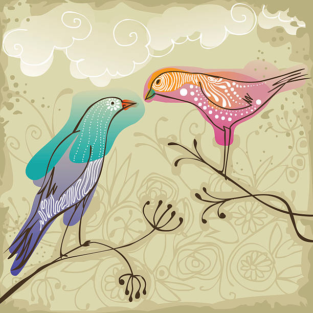 two birds sitting on branches vector art illustration