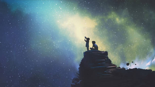two brothers looking at stars night scene of two brothers outdoors, llittle boy looking through a telescope at stars in the sky, digital art style, illustration painting star space stock illustrations