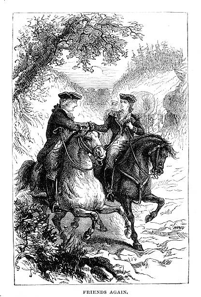 Two men in 1700s dress on horseback  from 1880 journal vector art illustration