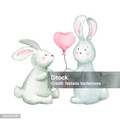 istock Two rabbits, bunnies with heart balloon. Love you. Love you mom. Valentine's Day card. Illustration. 1362304187