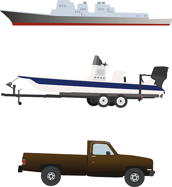 Two ships and a truck. vector art illustration