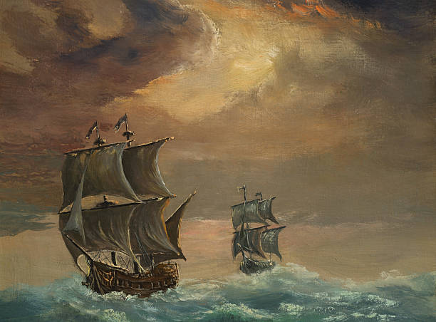 Two ships Painting. A canvas, oil. galleon stock illustrations