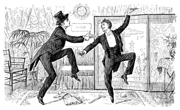 Two Victorian gentlemen dancing a jig Two excitable Victorian gentlemen dancing a jig, with one of them holding a plate of food and a spoon. Both are elegantly dressed and are in a domestic room with toys strewn on the floor. 19th century illustrations stock illustrations