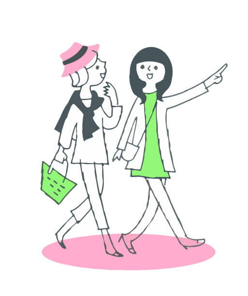 笑顔で歩く二人の若い女性 - 若者　日本人点のイラスト素材／クリップアート素材／マンガ素材／アイコン素材