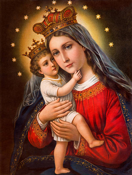 Typical catholic image of Madonna with the child Typical catholic image of Madonna with the child printed in Germany from the end of 19. cent. originally designed by unknown artist and taken in village Sebechleby in middle Slovakia. virgin mary stock illustrations