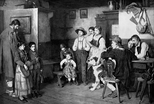 “Tyrolean Minstrels” or “The Beggar Singers”, painting by Franz von Defregger (circa 19th century). Vintage etching circa 19th century.