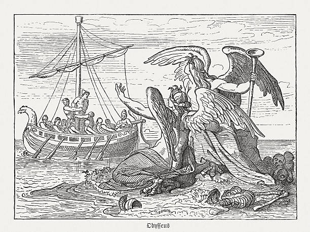 Ulysses and Sirens, Greek mythology, wood engraving, published in 1880 vector art illustration
