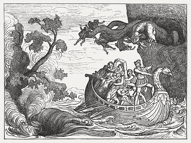 Ulysses and the Scylla, Greek mythology, wood engraving, published 1880 vector art illustration