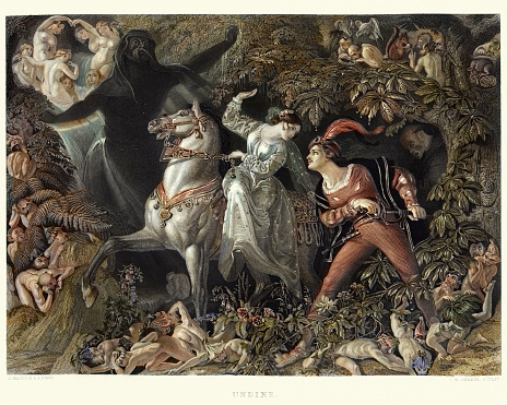 Vintage engraving of Undine by Daniel Maclise, Art Journal 1855. The young knight Huldbrand escorts his bride, Undine, through an enchanted forest full of writhing elves and goblins.