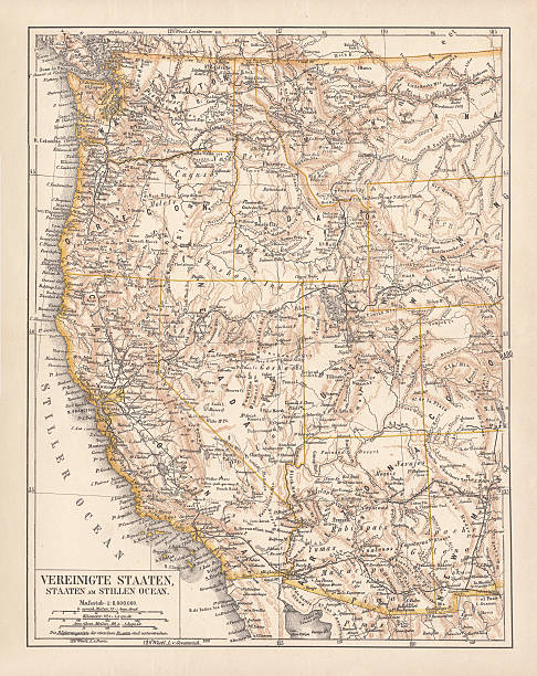 United States of America, West Coast, ithograph, published in 1878 United States of America, States on the Pacific Ocean. Lithograph, published in 1878. montana western usa stock illustrations