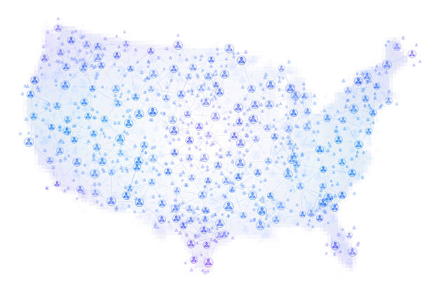 United States social network on white background Abstract map of the United States of America covered by a social network composed of blue people symbols connected together at various sizes and depths on a white background with pixelated borders. Futuristic north american computer and social network background. territorial animal stock illustrations