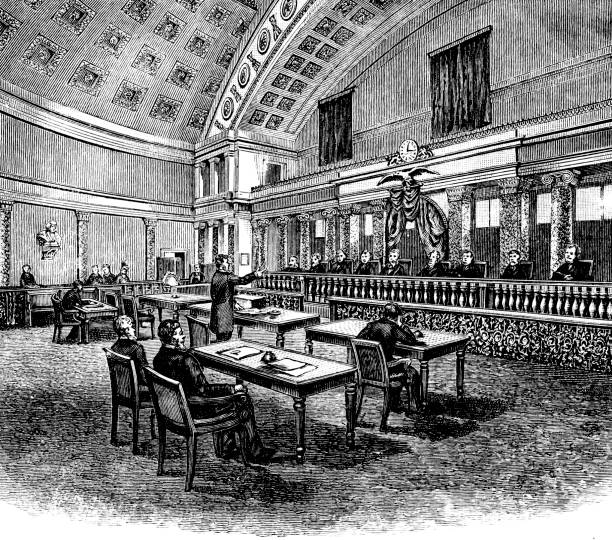United States Supreme Court 1886) Engraving from 1886 showing the Supreme Court of the United States. supreme court building stock illustrations