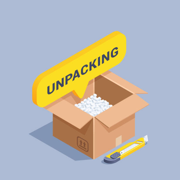 stockillustraties, clipart, cartoons en iconen met unpacking - unbox