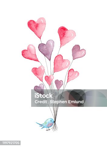 istock Valentine's Day Heart Balloons with Blue Bird - Original Watercolor Painting 1197921705