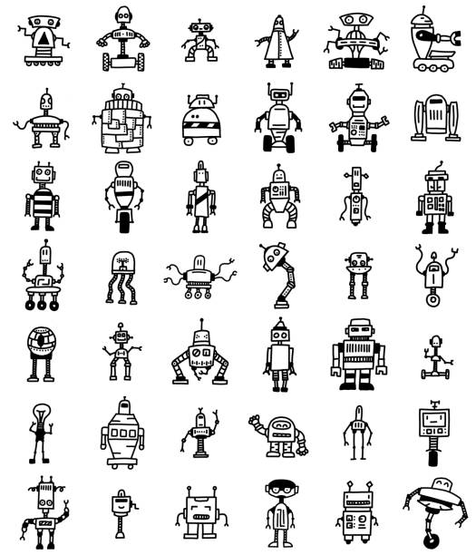 various robot drawings doodles hand drawing different robots on white background. robot drawings stock illustrations