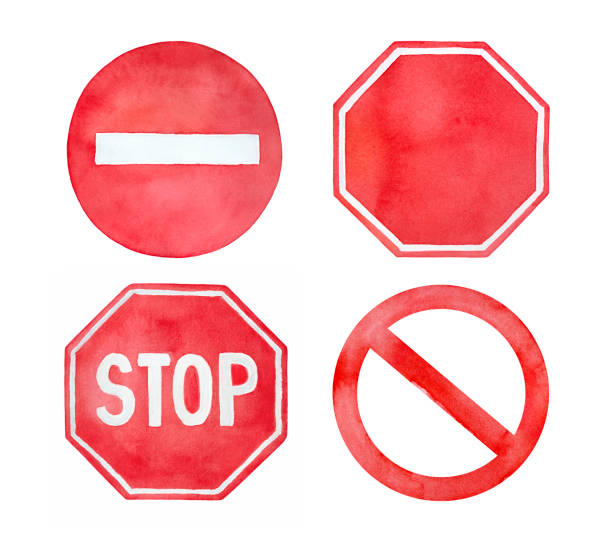 Various "Stop" and "Not Allowed" signs collection. Empty and with text inscription. Hand painted watercolour graphic illustration on white background, cutout clipart details for design and templates. Hand drawn watercolor illustration. traffic clipart stock illustrations