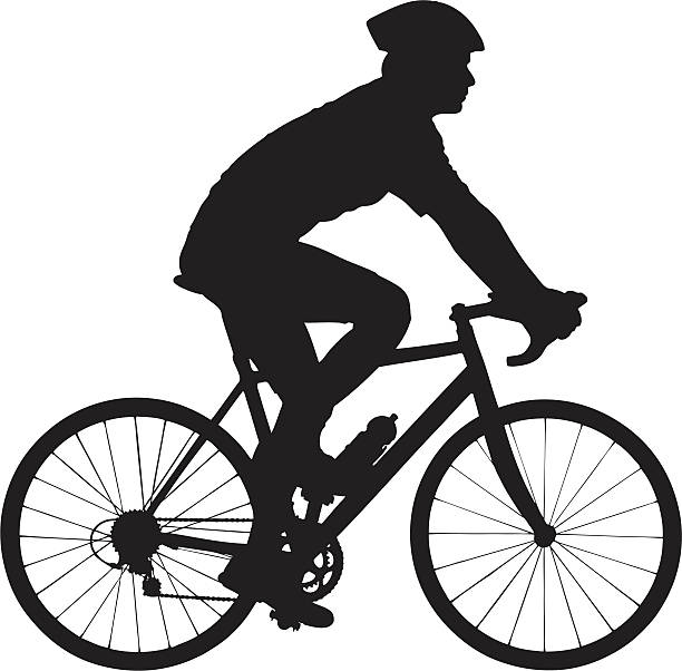 Vector of a biker with helmet biking A vector of a male biker with helmet biking isolated against white background cycling silhouettes stock illustrations
