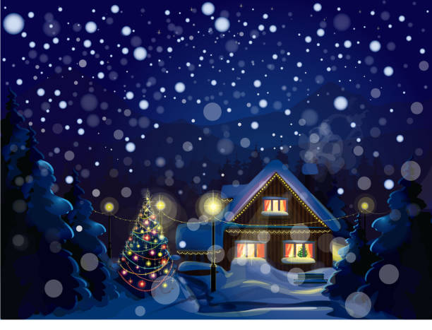 Vector of winter landscape. Merry Christmas! "Background is my creative handdrawing and you can use it for winter, Christmas design and etc,  snowfall is in separeted layer, made in vector, Adobe Illustrator 10 EPS file, transparency effects used in file." christmas lights house stock illustrations