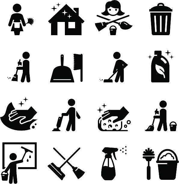 Vector set of black cleaning icons Maid services and cleaning icon set. Professional clip art for your print or Web project. See more icons in this series. cleaning illustrations stock illustrations