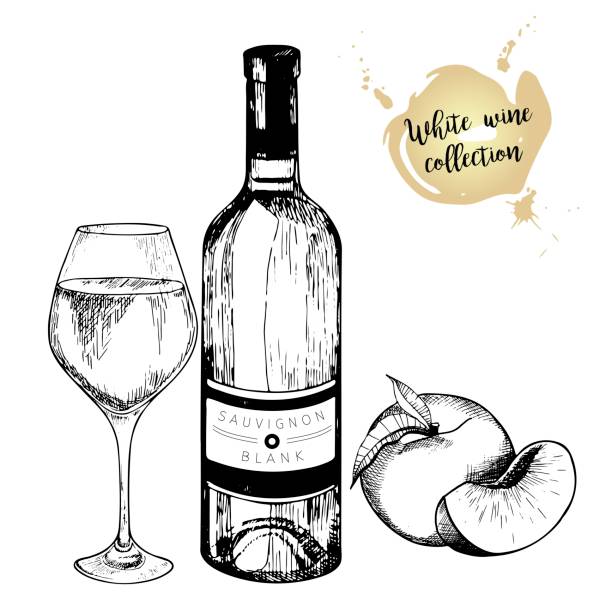 Vector set of white wine in engraved vintage style. Wine bottle, glass and peach. Isolated on white background. Vector set of white wine in engraved vintage style. Wine bottle, glass and peach. Isolated on white background. Decorated with lettering and blots. Use for restaurant, cafe, store, food, menu, design. semi sweet chocolate stock illustrations